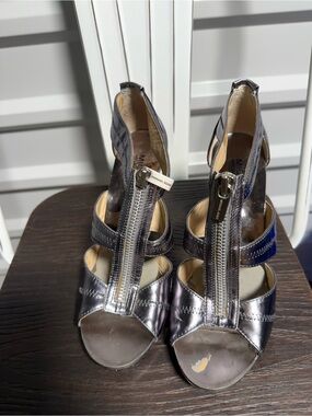 Michael Kors Metallic Pewter Front-Zip Strappy Heels